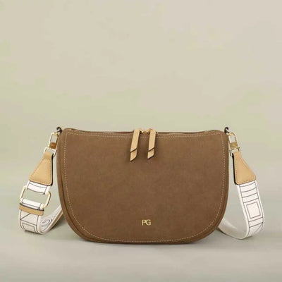 Women's Crescent Saddle Bag | Suede-Effect PU Leather | Printed Wide Strap | Double Zip | PG Logo | Dark Brown · Light Brown