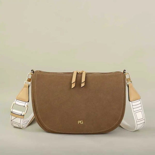 Women's Crescent Saddle Bag | Suede-Effect PU Leather | Printed Wide Strap | Double Zip | PG Logo | Dark Brown · Light Brown