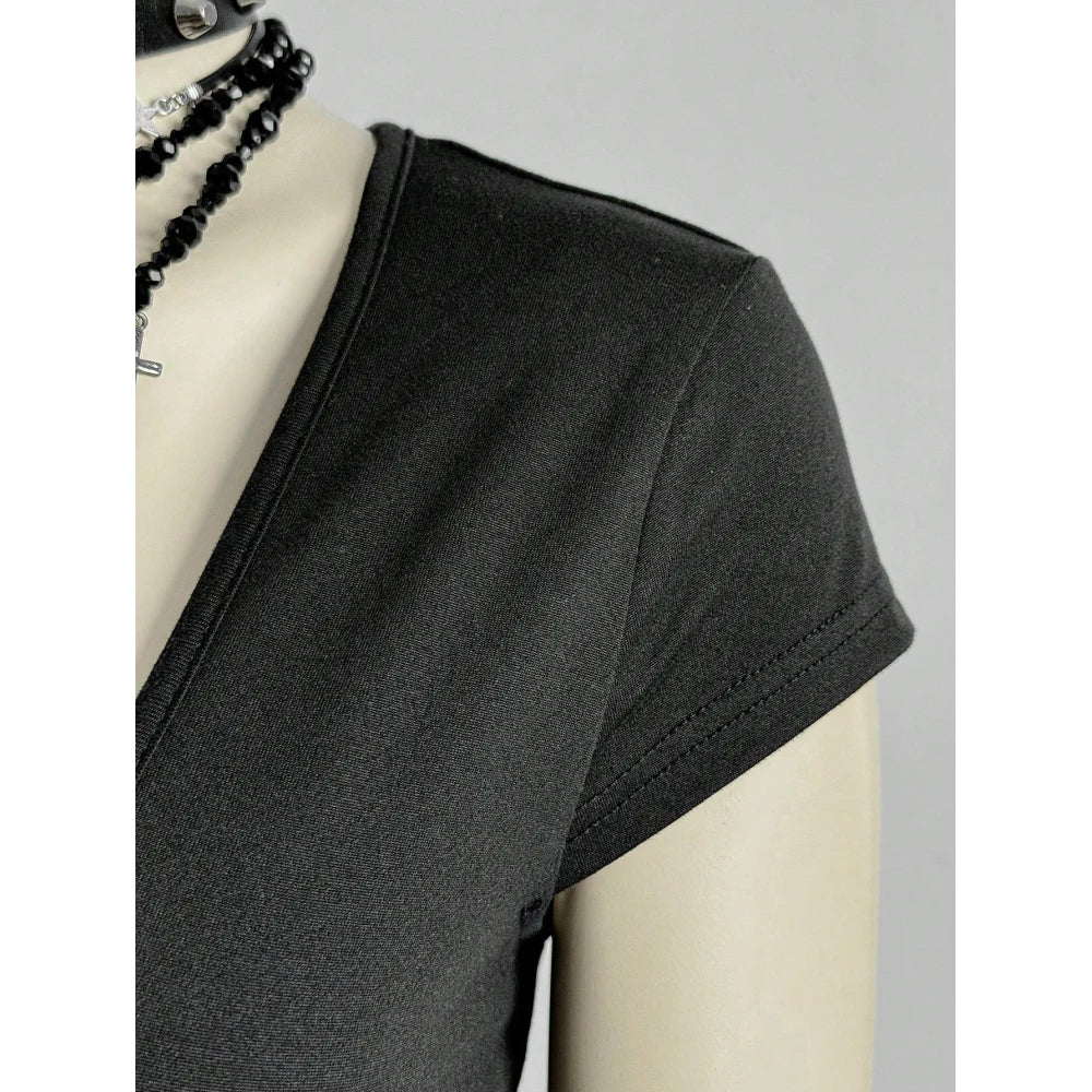 Gothic Punk Top Women Black Stud Embellished Deep V Neck Cutout Short Sleeve Fitted Blouse 2026