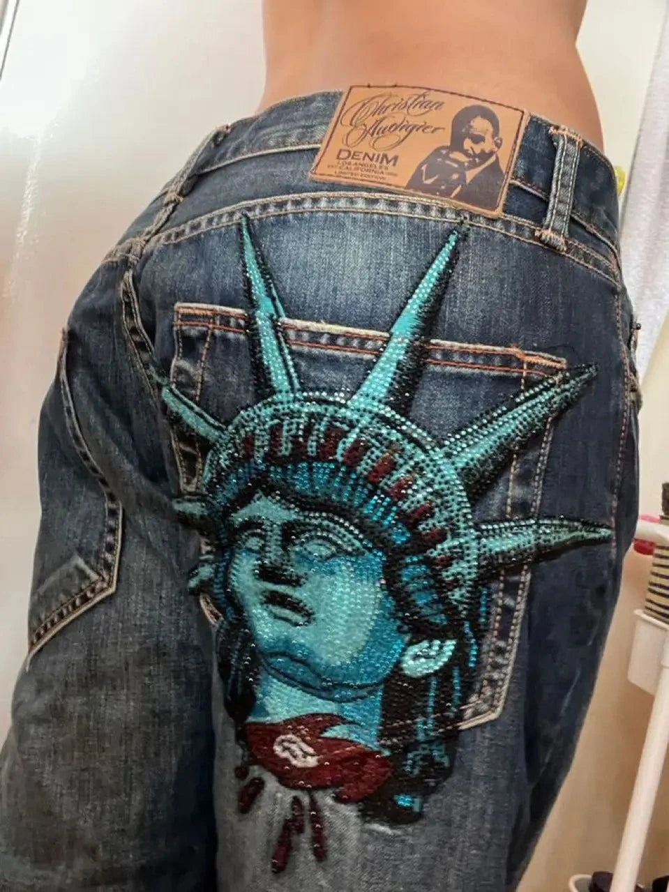Vintage 2000s Washed Red Rivet Waist Belt Jeans Casual Denim Pants Straight Wide Leg Jeans Harajuku Y2k Women Clothing