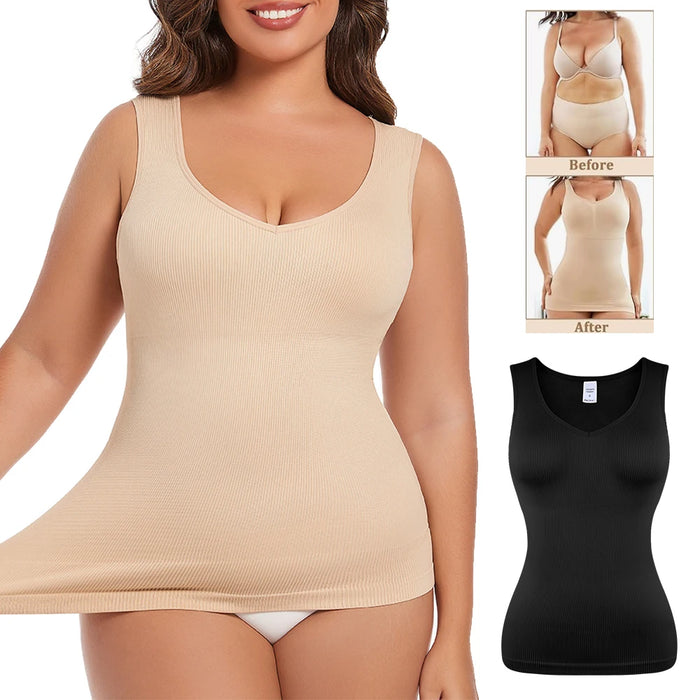 Womens Tummy Control Shapewear Tank Top with V Neck Seam-free Body Shaper Slimming Compression Tank Top