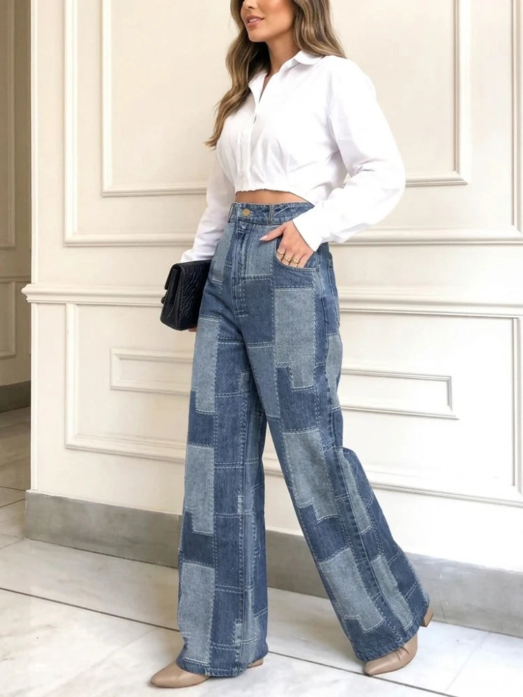 2026 Women Patchwork High Waist Wide Leg Jeans Two Tone Floor Length Y2K Casual Denim Pants Women's Pants & Trousers