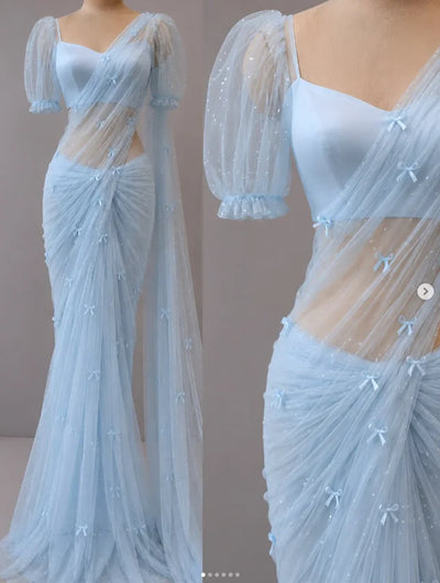 Draped Saree Set | Puff-Sleeve Tie-Back Blouse | Braviixx