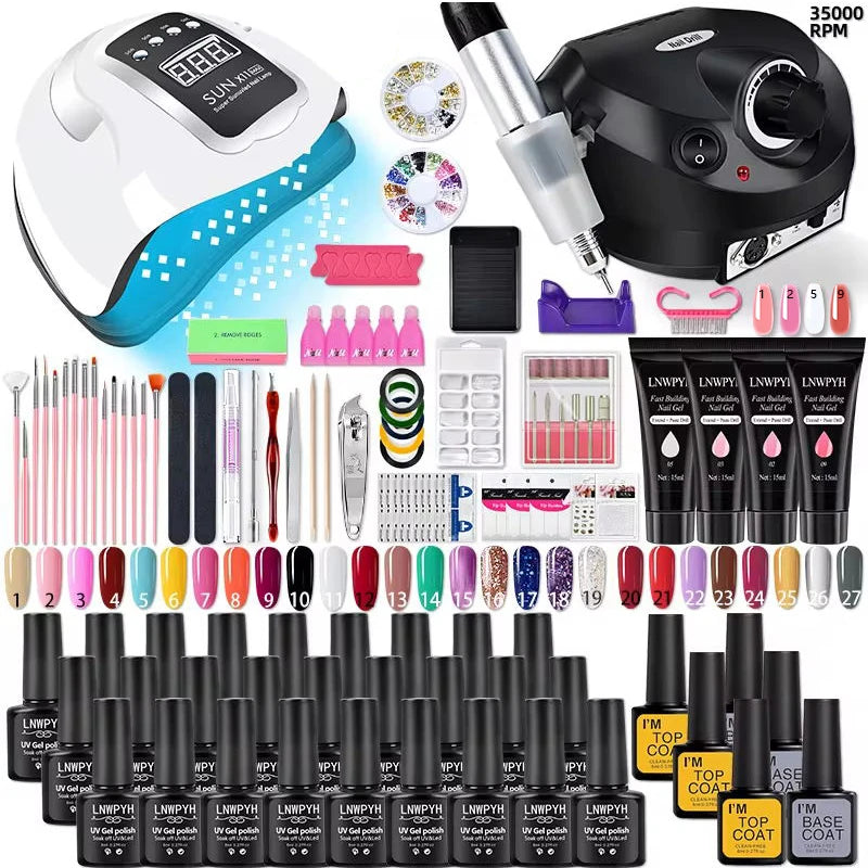 27-Color UV/LED Gel Nail Kit with Lamp & Drill | 4 Extension Gels | Braviixx