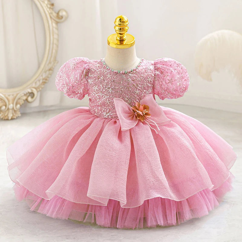 Baby Girls Floral Beaded Puff-Sleeve Dress | Pageant Party Gown | 3–6M to 4Y | Braviixx