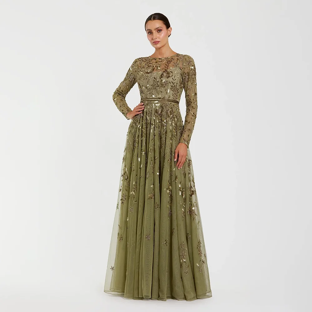 Floral Print Tulle A-Line Evening Gown | O-Neck Full Sleeve Formal Prom Dress