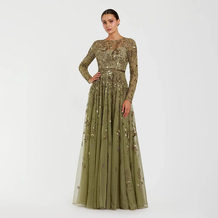 Floral Print Tulle A-Line Evening Gown | O-Neck Full Sleeve Formal Prom Dress