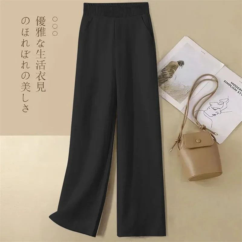 Linen Wide Leg Pants Women New Summer Thin Elastic High Waist Long Pants Autumn Casual Loose Cotton And Linen Straight Trousers