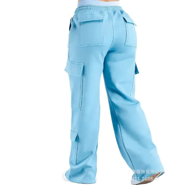 2026 Women‘s Wide Leg Cargo Pants Elastic Waistband with Large Pockets Casual Fitness Sportswear Y2k Long Pants