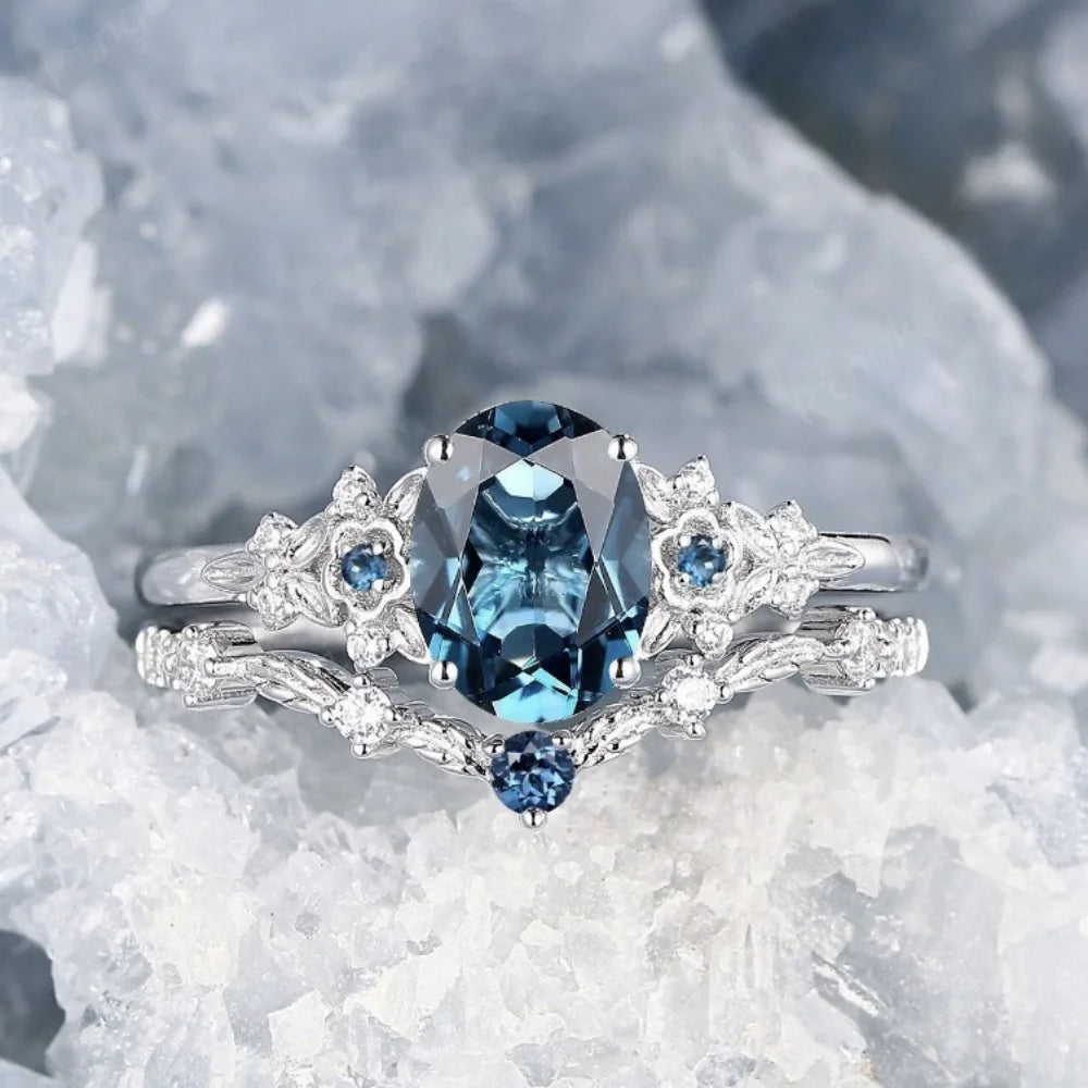 Women's Blue Stone Ring Set | Oval Floral Ring & V-Shaped Band | Braviixx