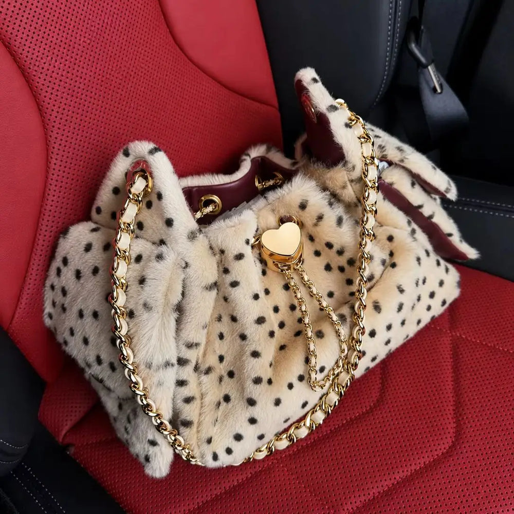Women's Spotted Faux Fur Bucket Bag | Chain Strap | Braviixx