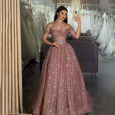 Off-Shoulder Glitter Tulle A-Line Gown | Formal Prom & Wedding Party Evening Dress