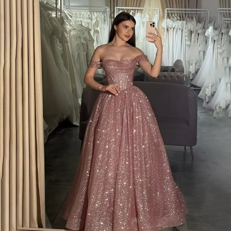 Off-Shoulder Glitter Tulle A-Line Gown | Formal Prom & Wedding Party Evening Dress