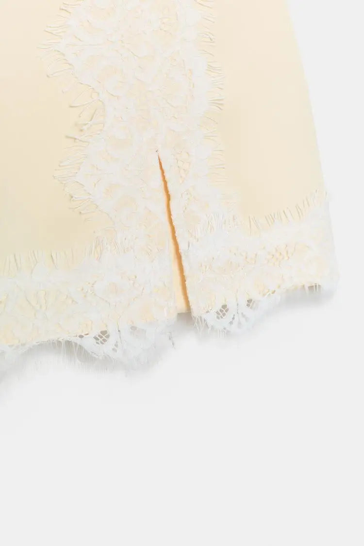 Women Pale Yellow Short Sleeve Blazer & Lace Trim Slit Mini Skirt Two‑Piece Outfit Notched Lapel Co‑ords 2026 Daily Party Suits