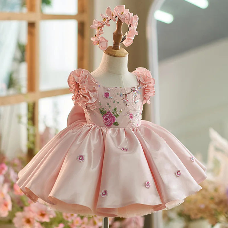Baby Girls Floral Party Dress | Bow Ball Gown with Puff Sleeves | 6M–6Y | Braviixx