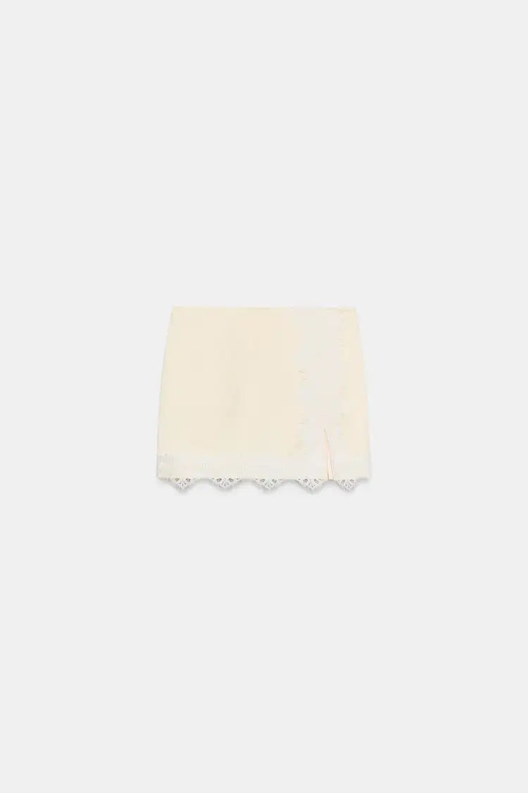 Women Pale Yellow Short Sleeve Blazer & Lace Trim Slit Mini Skirt Two‑Piece Outfit Notched Lapel Co‑ords 2026 Daily Party Suits