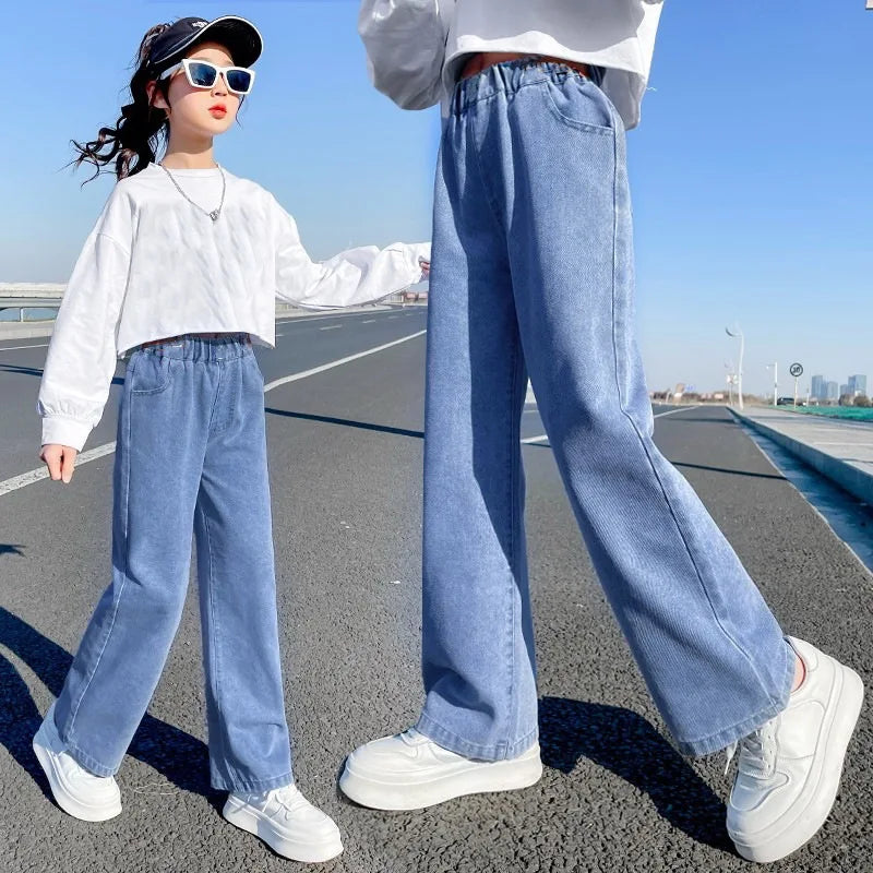 2026 Newest Children's High Waisted Straight Fit Ripped Jeans With Holes For Girls Casual Denim Pants For 5 7 9 11 13 14 Years