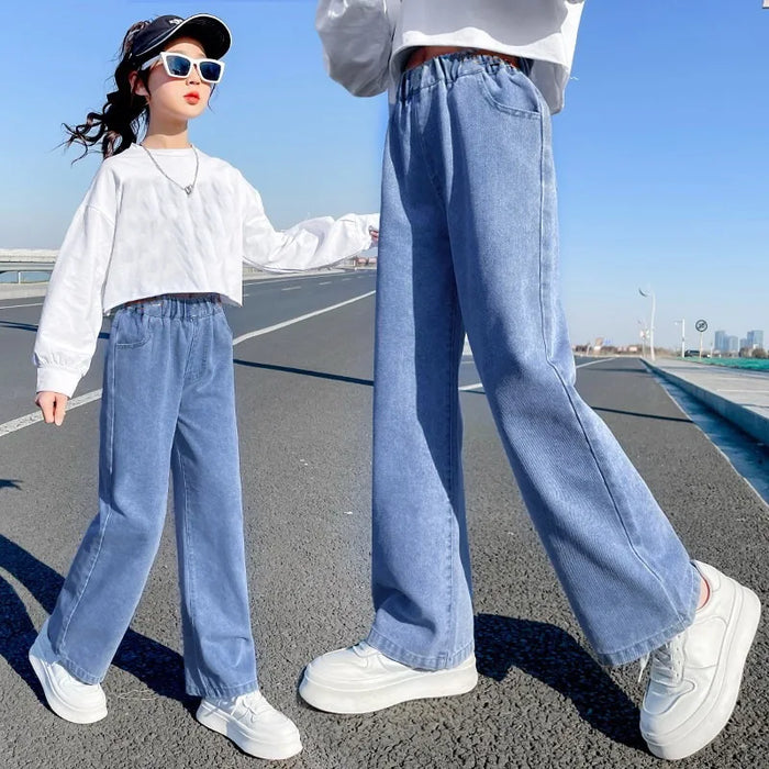 2026 Newest Children's High Waisted Straight Fit Ripped Jeans With Holes For Girls Casual Denim Pants For 5 7 9 11 13 14 Years