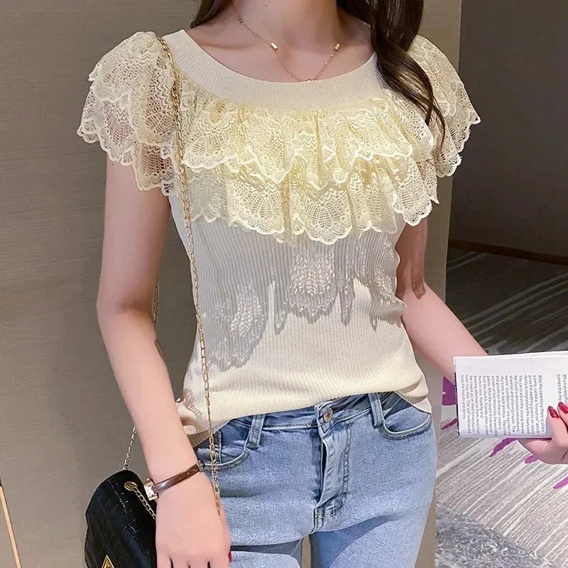 Off the Shoulder Lace Ruffle Knit Top Rib-Knit Bardot Neck Sweater Blouse Tops Women Spring Summer 2026 Lady Coquette Fairycore