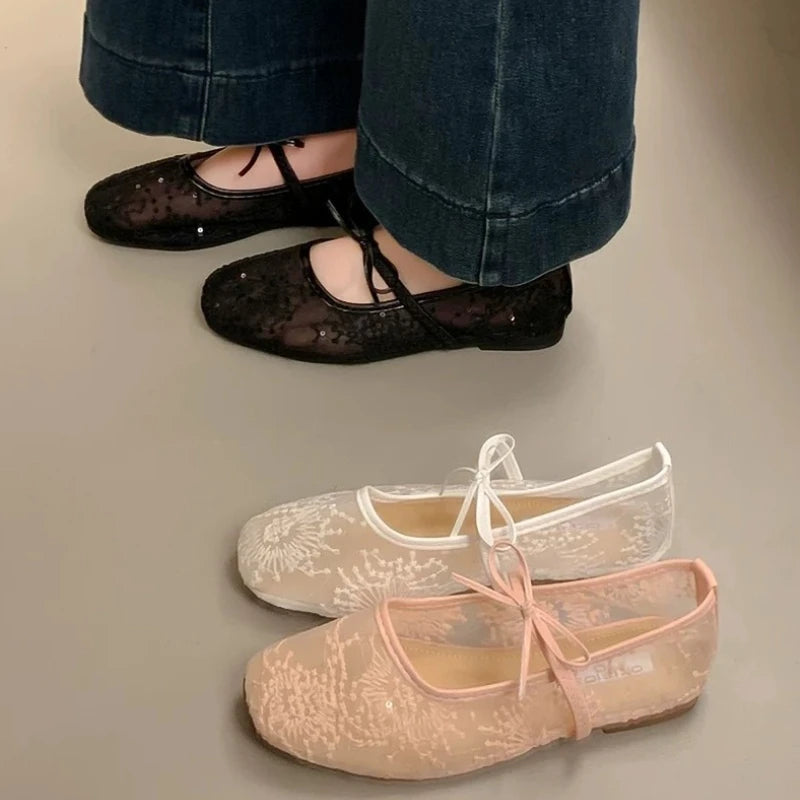 2026 Women Spring Summer Ballet Flat Shoes Breathable Mesh Embroidery Fashion Flats Lovely Bow Knot Female Daily Walking Sandals