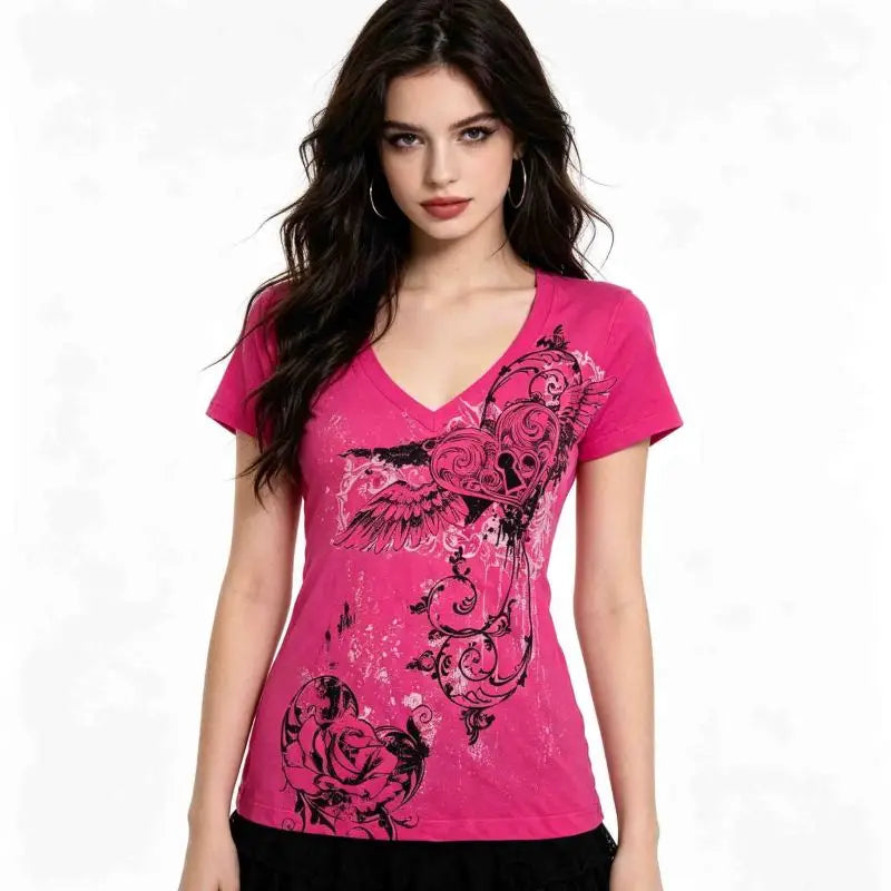 Women Y2K Hot Pink Graphic Tee with Heart Wings & Rose Print, V-Neck Fitted Short Sleeve T-Shirt 2026