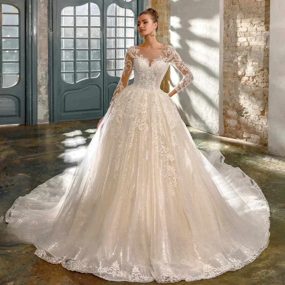 Lace Wedding Ball Gown | Long Illusion Sleeves & Open Back | Braviixx