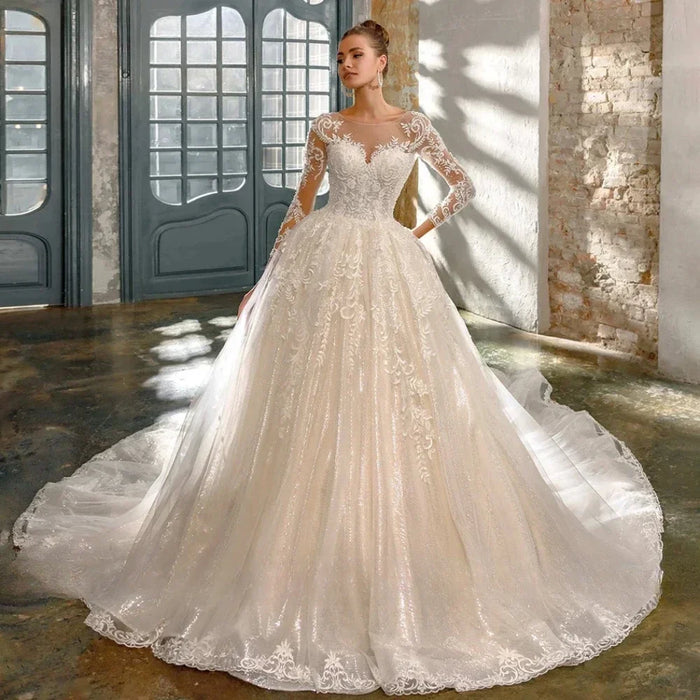 Lace Wedding Ball Gown | Long Illusion Sleeves & Open Back | Braviixx