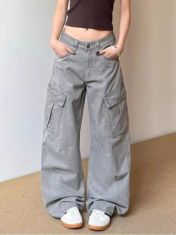 2026 Ropa Y2K Fashion Vintage Grey Baggy Cargo Jeans Pants For Women Clothing Wide Leg Kpop Casual Lady Trousers Pantalon Femme