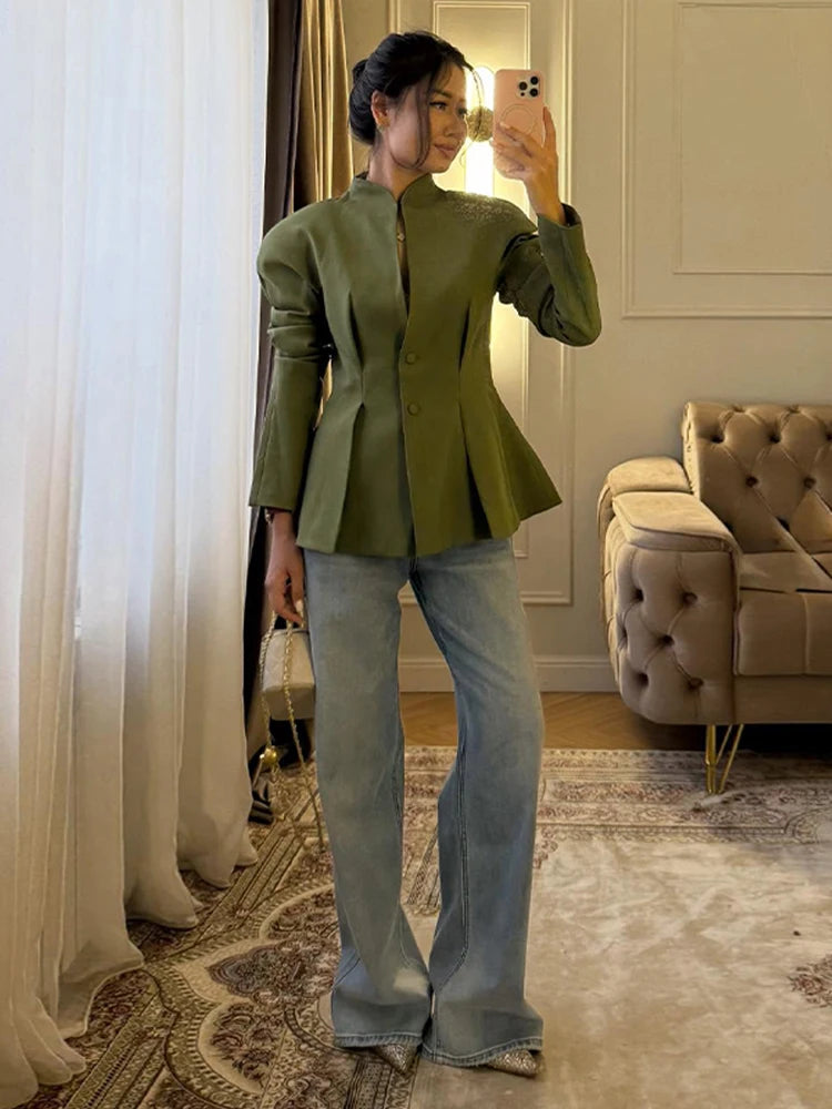 Elegant Stand Collar Blazer Women Solid Full Sleeve Button Pleated Slim Jackets 2026 Fashion Spring Waist-closed Coat Lady