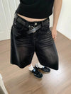 2026 Y2k Retro Women Low Rise Jorts Brushed Black Wash Cropped Baggy Jeans Wide Leg Frayed Denim Short Pants Fashion