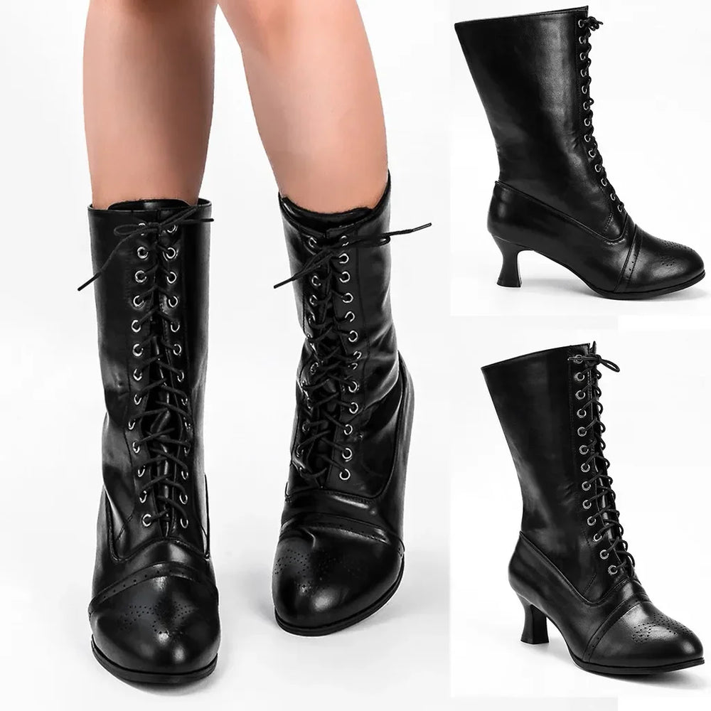 Women's Black Lace-Up Calf Boots | Vintage-Inspired Heel | Braviixx