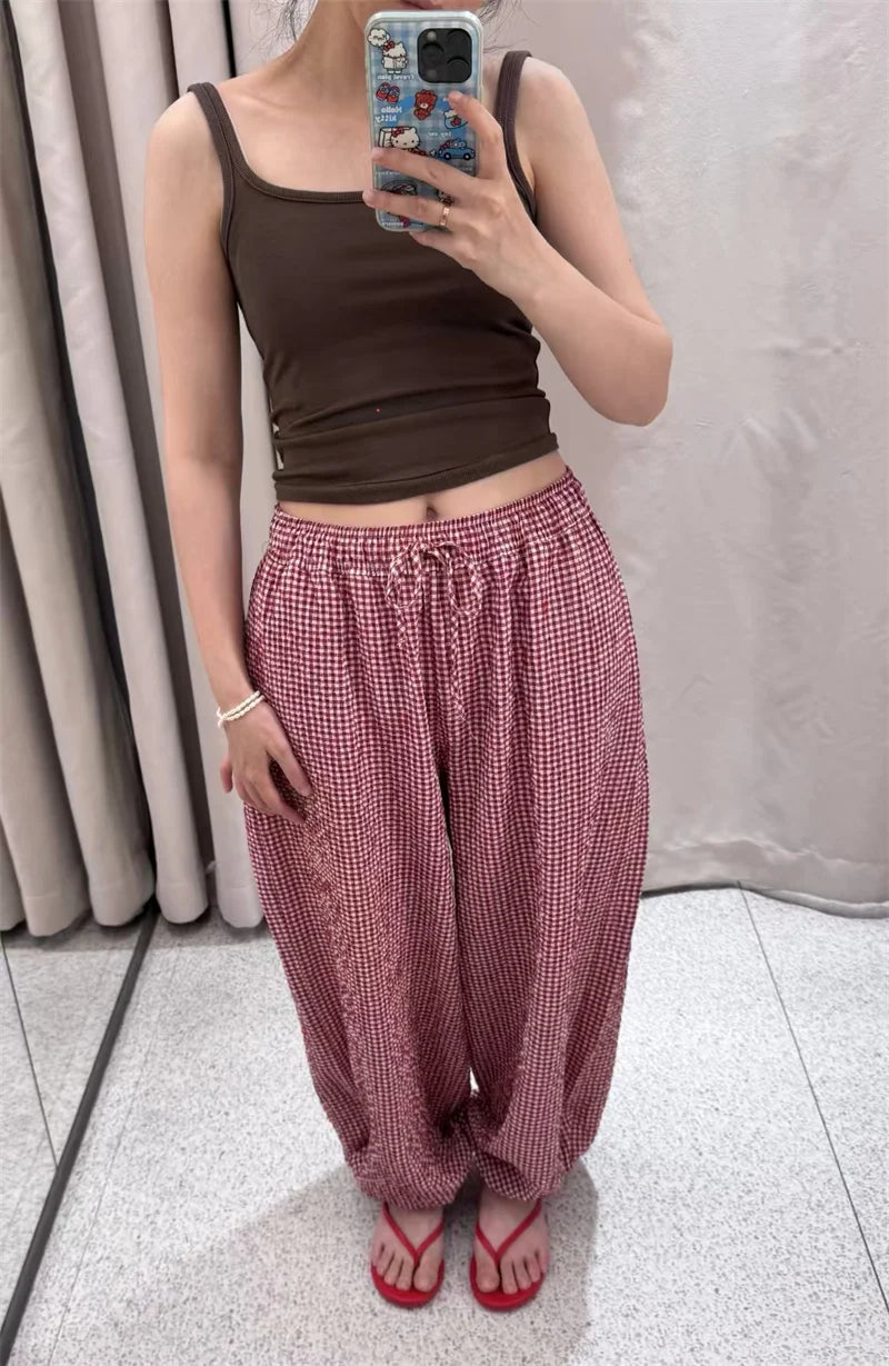 Women's Long Pants 2026 Summer New Style Red Plaid Drawstring Lantern Pants Long Pants Beach Vacation Casual Fashion