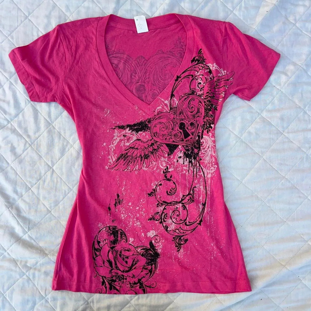 Women Y2K Hot Pink Graphic Tee with Heart Wings & Rose Print, V-Neck Fitted Short Sleeve T-Shirt 2026