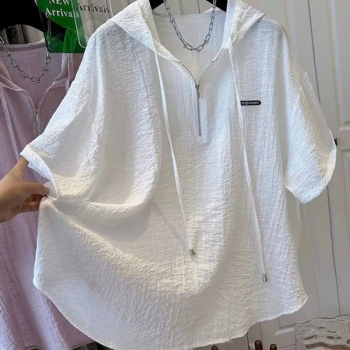 Oversized T Shirts Women Summer Hooded Short Sleeve T-shirt French Thin Tops Fashion Loose Design Niche Hoodie Tshirt Woman 2026