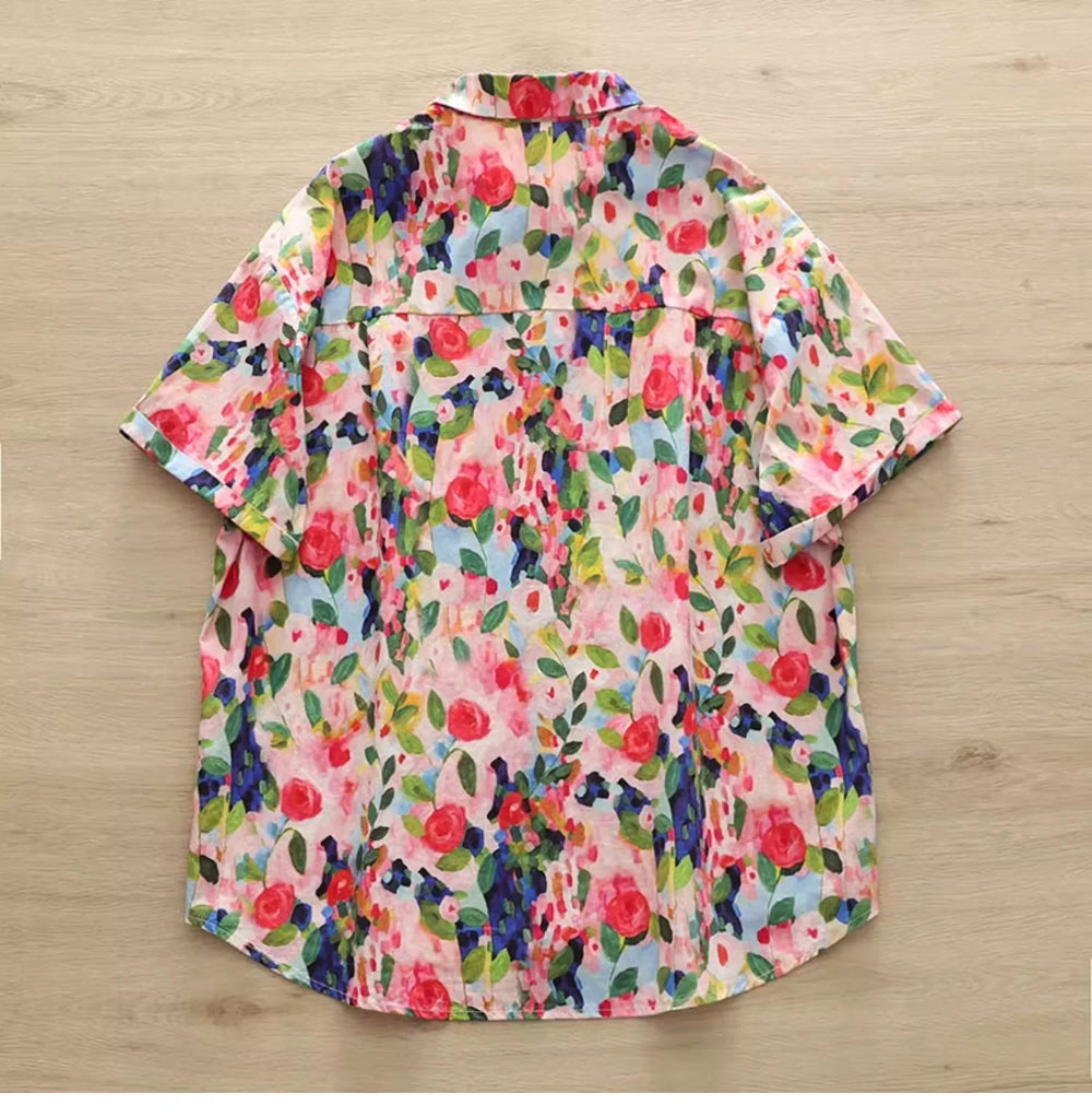 2026 Women's summer blouse 100% cotton rose oil painting printed shirts short sleeve blouses for women tops ladies clothes