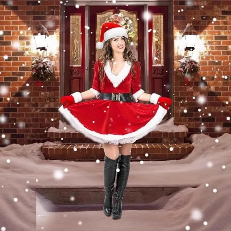Women's Santa Costume Set | Red Dress, Hat, Gloves & Belt | Braviixx