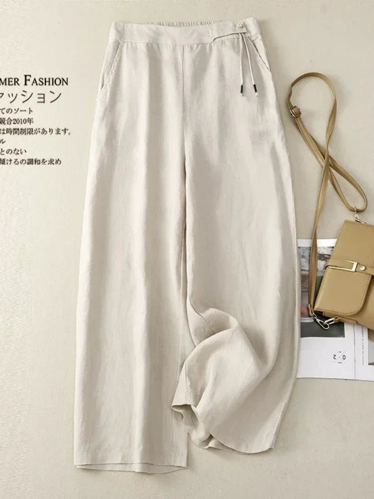 Women's High Waist Wide Leg Pants Summer 2026 Yellow Retro Cotton Linen Casual Pants Women Loose Straight Elastic Trousers