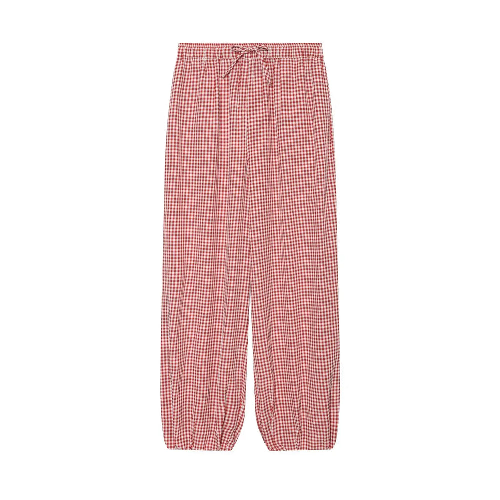 Women's Long Pants 2026 Summer New Style Red Plaid Drawstring Lantern Pants Long Pants Beach Vacation Casual Fashion