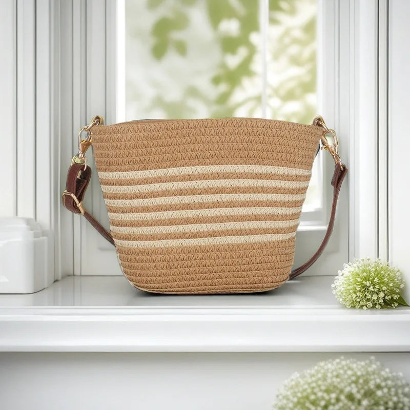 Women's Handwoven Straw Bucket Crossbody Bag | Linen · Striped · Beach · Travel | 4 Colours | Braviixx