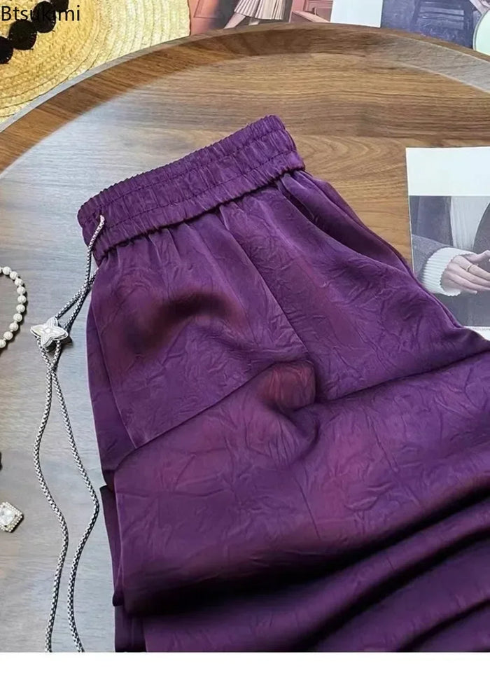 2026Women's Vintage Satin Long Pants Chinese Style Solid High Waist Wide Leg Pants Loose Casual Versatile Streetwear Women Pants