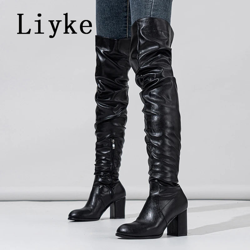 Women's Over-The-Knee Pleated Boots — Square Block Heel, Side Zip, Black | EU 35–42