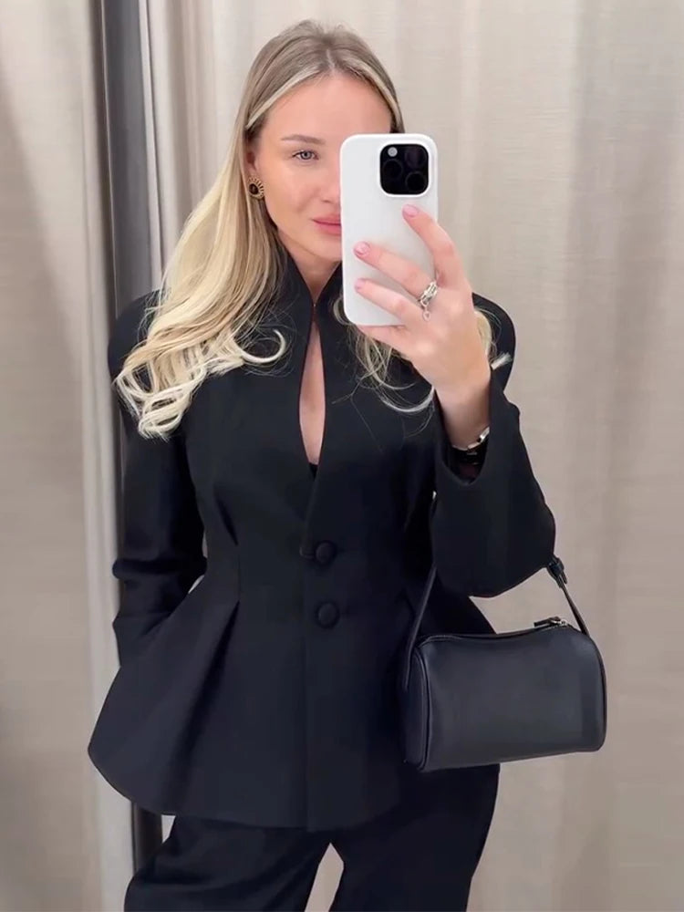 Elegant Stand Collar Blazer Women Solid Full Sleeve Button Pleated Slim Jackets 2026 Fashion Spring Waist-closed Coat Lady