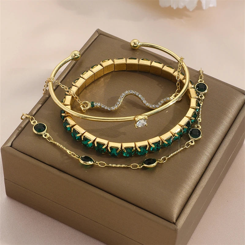 Green Stone Bracelet Set | 4-Piece Gold-Tone | Braviixx