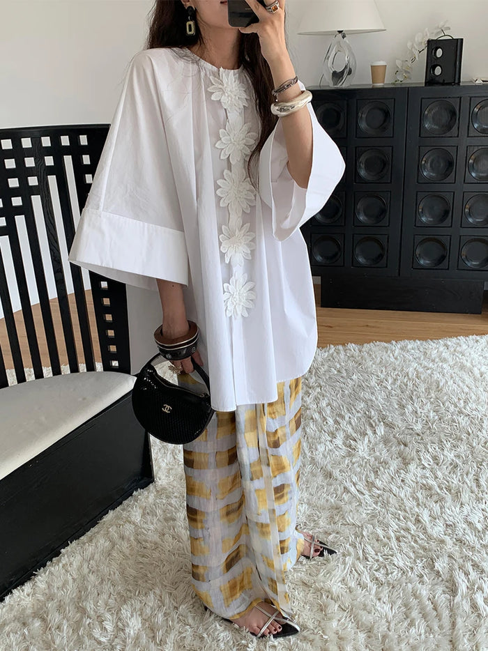 CHEERART Designer Cotton White Oversized Shirt For Woman Applique Half Sleeve Button Up Shirts Blouse 2026 Fashion Clothes