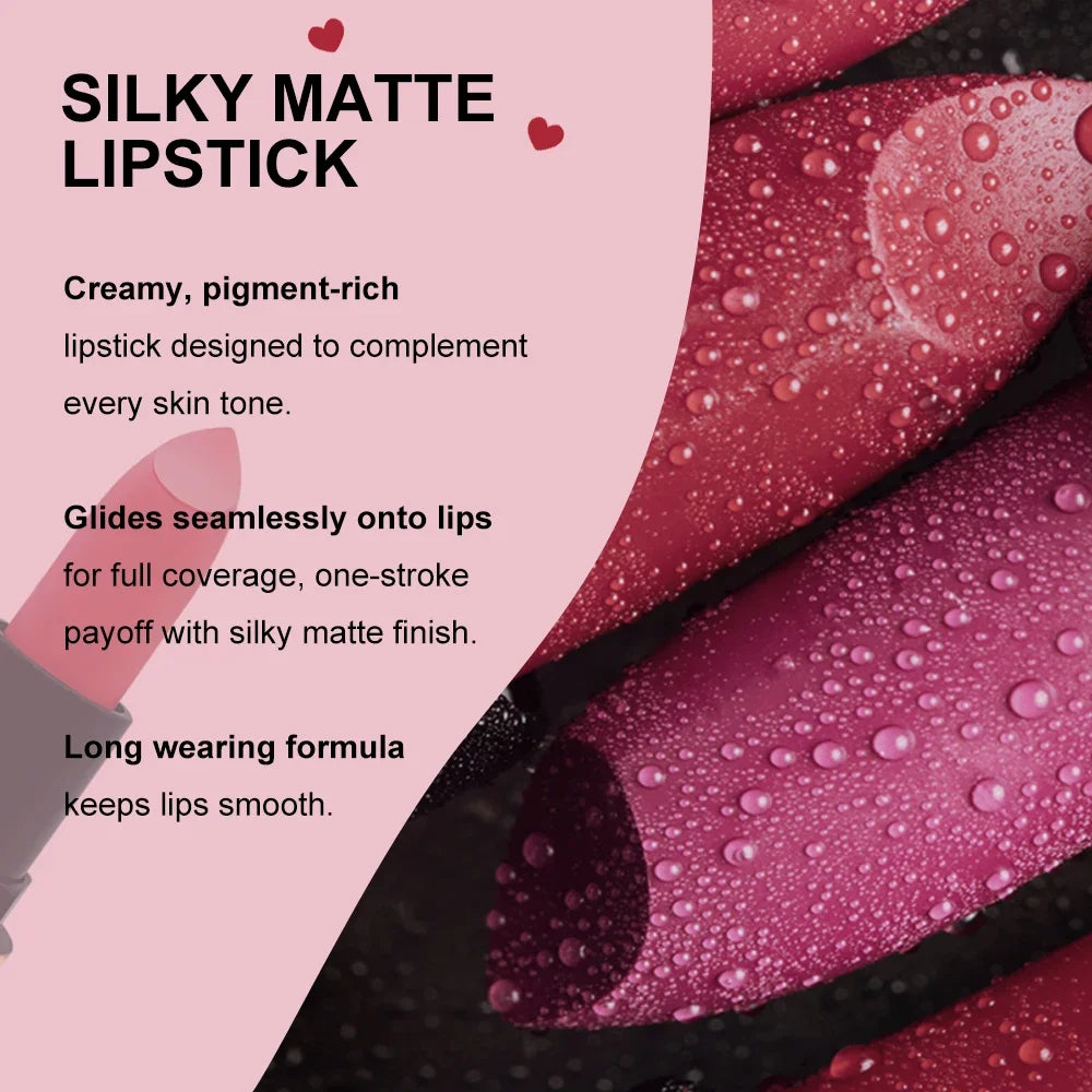 Matte Lipstick Nude Peach Brown Cherry Shades Velvety Smooth Long-Lasting Rich Pigment Waterproof Non-Stick Cup Lip Stick Makeup