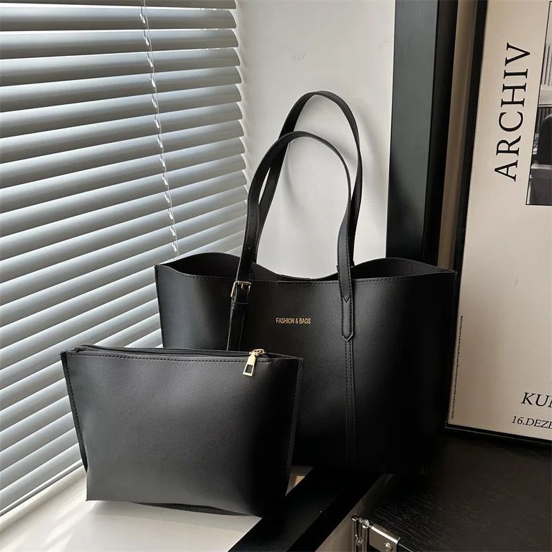 Women's Large Capacity Soft PU Tote Bag 2-Piece Set | Shoulder · Zipper Pouch | 5 Colours | Braviixx