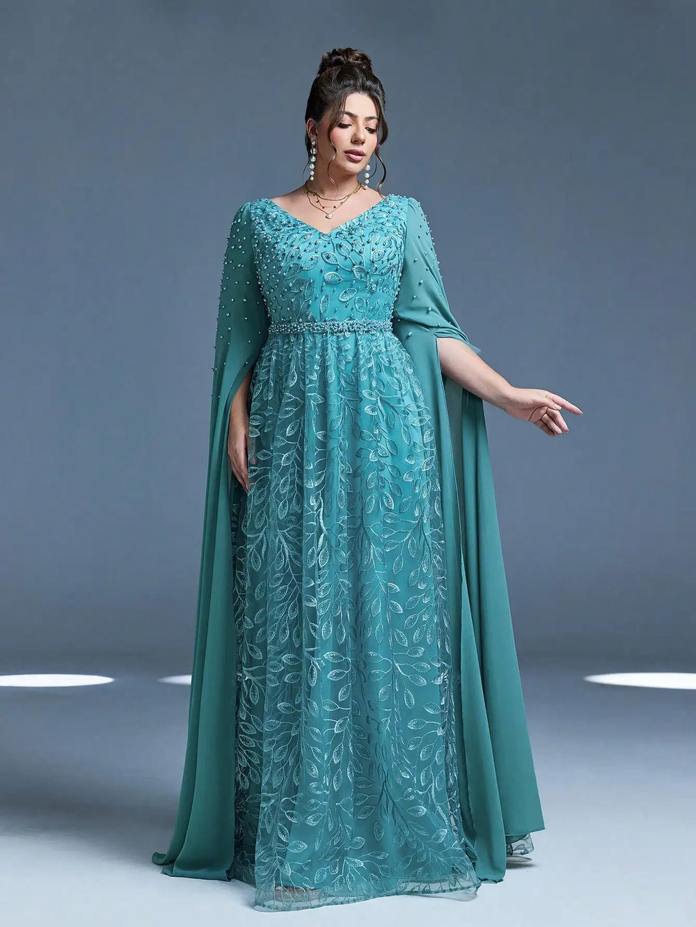 Embroidered Plus Size Evening Gown | Beaded Cape Sleeves | Braviixx