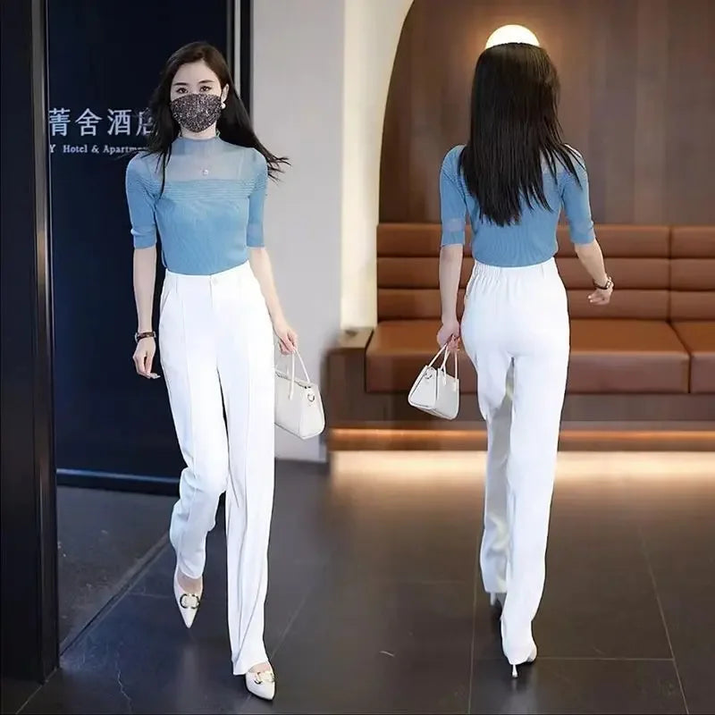 Tailoring Women's Pants Straight Leg Work Trousers for Woman High Waist Office Khaki Clothing Solid Cotton One Size Harajuku 90s