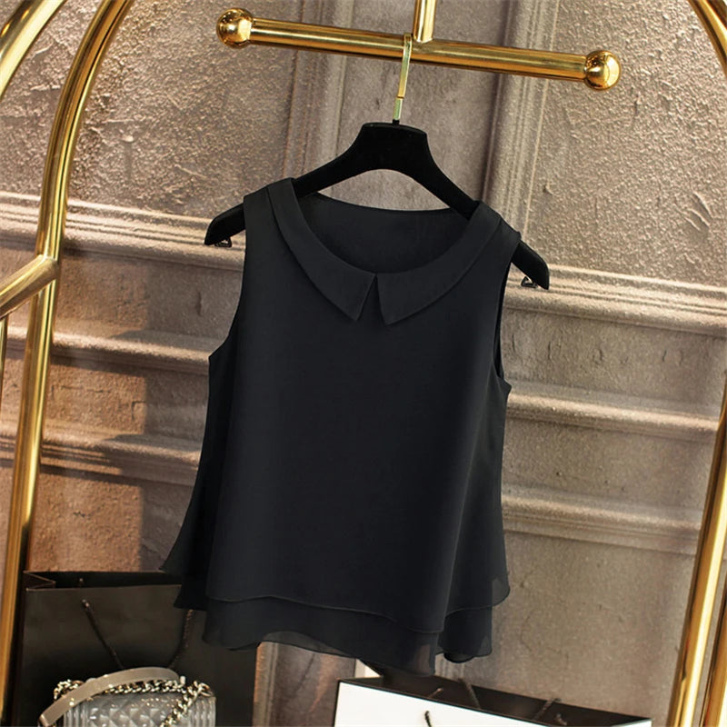 Women's Blouses 2026 New Sleeveless Peter Pan Collar Shirt for Women Chiffon Blouse  Summer Casual Oversized 5XL Female Tops