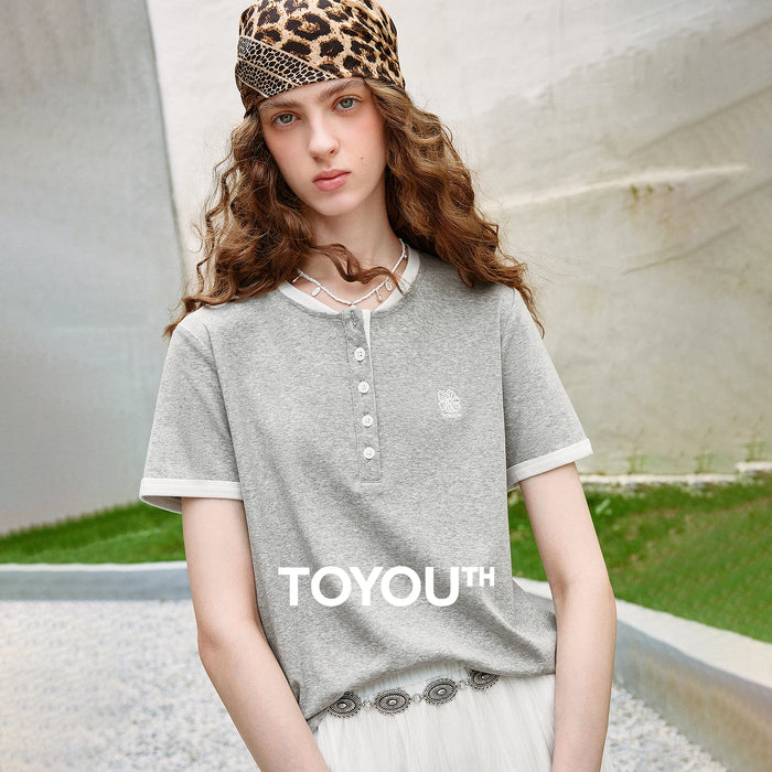 TOYOUTH Women T-shirts 2026 Summer New Vintage Button Neck Floral Embroidered Contrast Color Trim Unique Short Sleeve